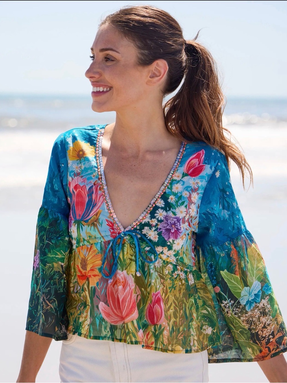 Natural Life Isabella Cotton Top Women Medium Floral Boho Fairycore Sequins NWT